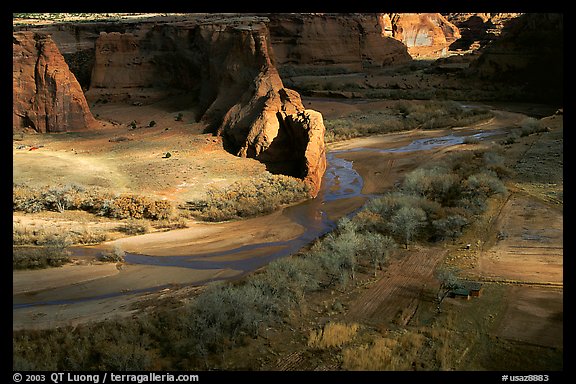 Canyon floor partly lit, seen from Tsegi Overlook. Canyon de Chelly  National Monument, Arizona, USA