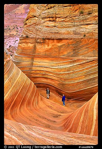 Hikers at the bottom of the Wave. Coyote Buttes, Vermilion cliffs National Monument, Arizona, USA