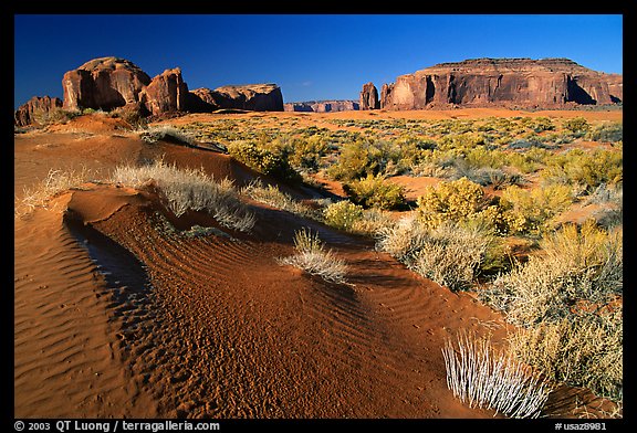 Sand dune and mesas, late afternoon. Monument Valley Tribal Park, Navajo Nation, Arizona and Utah, USA