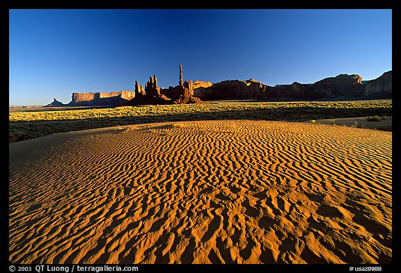 Sand dunes, Yei bi Chei, and Totem Pole, late afternoon. Monument Valley Tribal Park, Navajo Nation, Arizona and Utah, USA