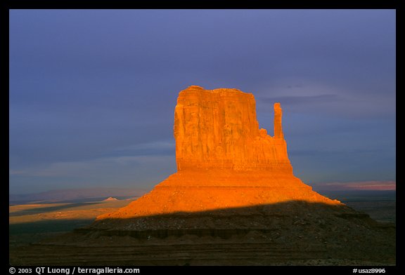 Mitten at sunset. Monument Valley Tribal Park, Navajo Nation, Arizona and Utah, USA (color)