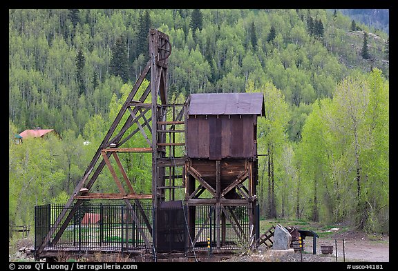 Mining structure and hillside with aspens. Colorado, USA