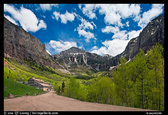 Road, aspens and Ajax peak in spring. Telluride, Colorado, USA (color)