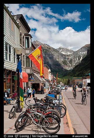 Mountain bikes parked on main street sidewalk. Telluride, Colorado, USA