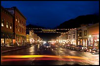 Colorado Street by night with Mountainfilm banner. Telluride, Colorado, USA