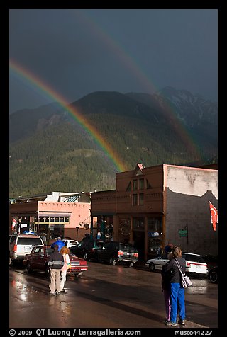 People watching double rainbow on main street. Telluride, Colorado, USA