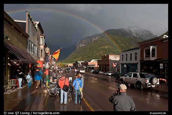 Colorado street with stormy sky and rainbow. Telluride, Colorado, USA