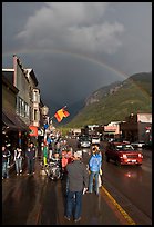 Main street sidewalk and rainbow. Telluride, Colorado, USA