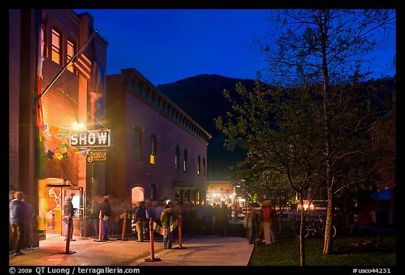 Sheridan opera house entrance by night. Telluride, Colorado, USA (color)