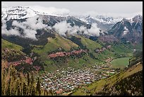 Box canyon surrounded by snowy mountains in spring. Telluride, Colorado, USA (color)