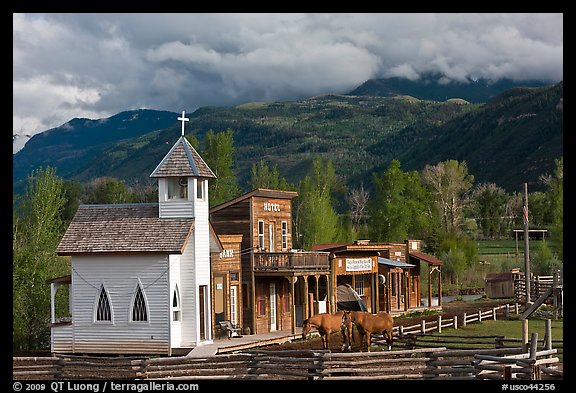 Western-style buildings and horses, Ridgeway. Colorado, USA