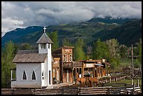 Western-style buildings and horses, Ridgeway. Colorado, USA (color)