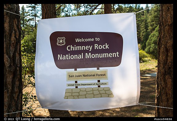 Temporary sign after new designation. Chimney Rock National Monument, Colorado, USA (color)