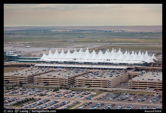 Aerial view of Denver International Airport main concourse. Colorado, USA