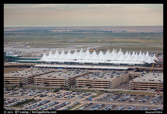 Aerial view of Denver International Airport main concourse. Colorado, USA (color)