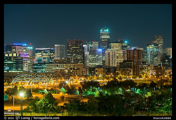 Bridge and city skyline at night. Denver, Colorado, USA (color)