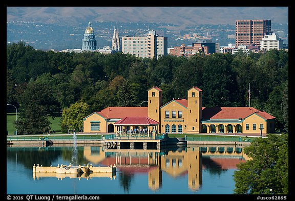 City Park Pavilion and skyline with capitol and cathedral. Denver, Colorado, USA (color)