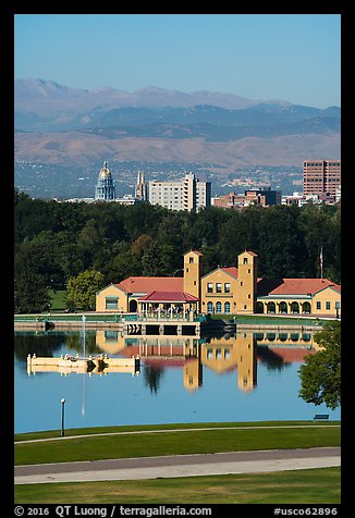 City Park Pavilion, city skyline, and mountains. Denver, Colorado, USA (color)