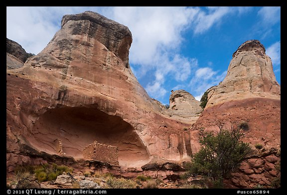 Saddlehorn Pueblo with spire of rock above the alcove. Canyon of the Ancients National Monument, Colorado, USA (color)