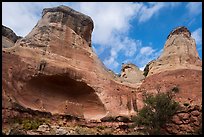 Saddlehorn Pueblo with spire of rock above the alcove. Canyon of the Ancients National Monument, Colorado, USA ( color)