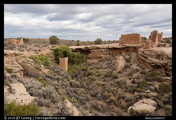 Little Ruin Canyon with Square Tower and Hovenweep House. Hovenweep National Monument, Colorado, USA (color)