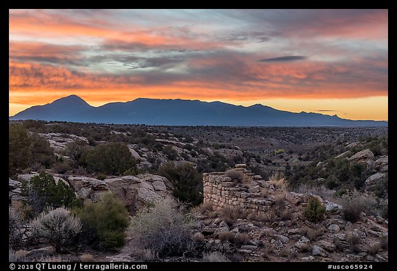 Pueblo and Sleeping Ute Mountain, sunrise. Hovenweep National Monument, Colorado, USA (color)