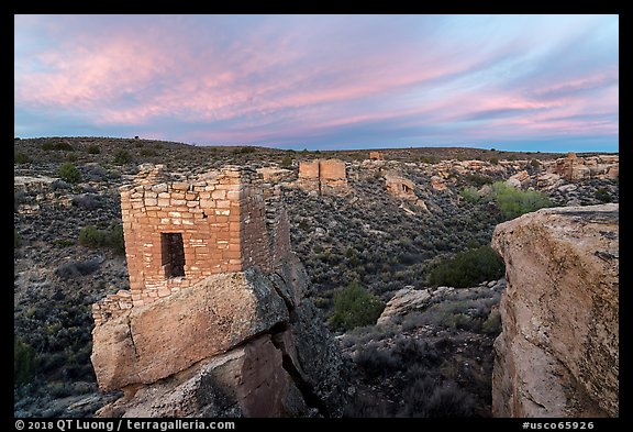 Stronghold House and Little Ruin Canyon, sunrise. Hovenweep National Monument, Colorado, USA (color)