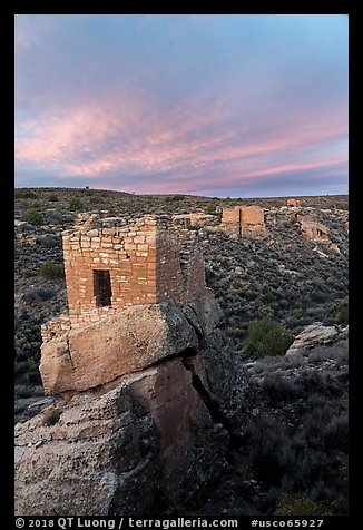 Stronghold House, Twin Towers, Hovenweep House, and Eroded Boulder House, sunrise. Hovenweep National Monument, Colorado, USA (color)