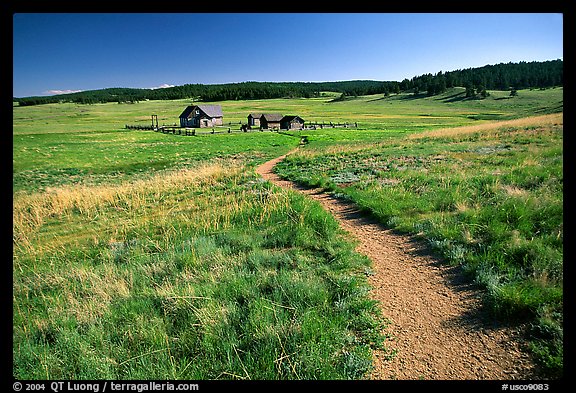 Trail and historic barns,  Florissant Fossil Beds National Monument. Colorado, USA (color)