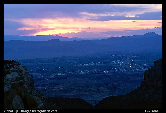 Lights of Grand Junction at dawn. Colorado National Monument, Colorado, USA