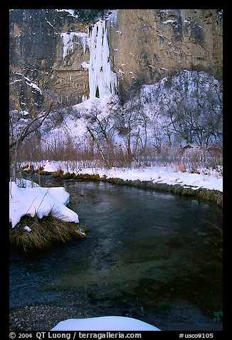 Creek and Frozen waterfall, Riffle Canyon. Colorado, USA