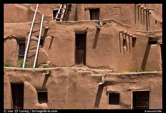 Detail of ancient earthen homes of Native Americans. Taos, New Mexico, USA (color)