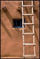 Ladder, Vigas, and blue window. Taos, New Mexico, USA
