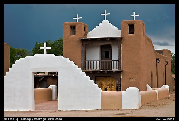 San Geronimo church under dark sky. Taos, New Mexico, USA (color)