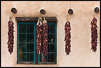 Yellow wall with ristras and blue window. Taos, New Mexico, USA (color)