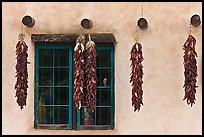 Yellow wall with ristras and blue window. Taos, New Mexico, USA