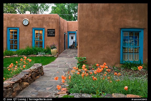 Front yard and pueblo style houses. Taos, New Mexico, USA