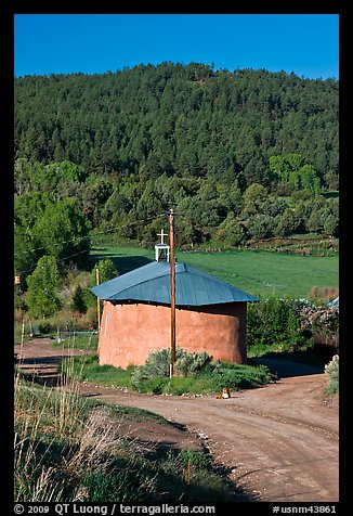 Rural church with adobe walls and tin roof. New Mexico, USA (color)