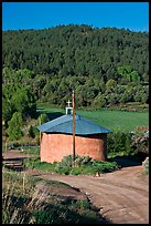 Rural church with adobe walls and tin roof. New Mexico, USA