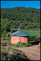 Rural church with adobe walls and tin roof. New Mexico, USA (color)