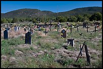 Headstones in grassy area, cemetery, Picuris Pueblo. New Mexico, USA (color)