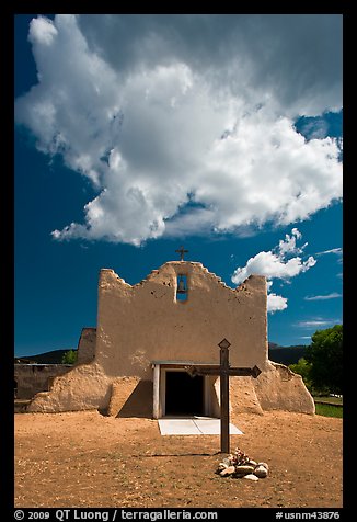Adobe church and clouds, Picuris Pueblo. New Mexico, USA