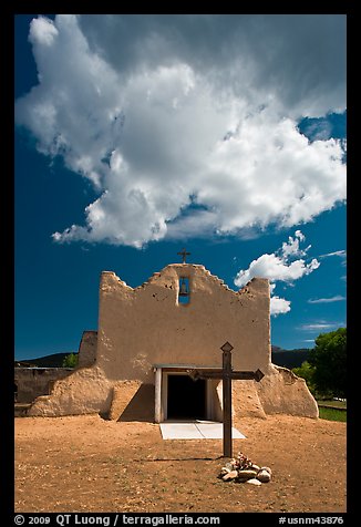 Adobe church and clouds, Picuris Pueblo. New Mexico, USA (color)