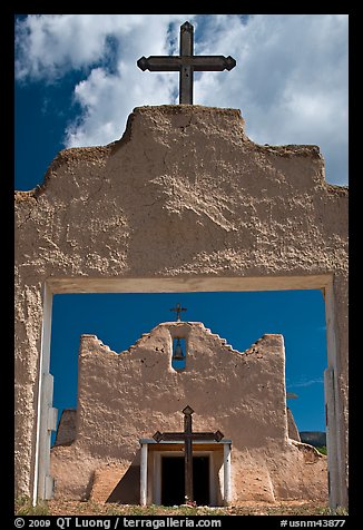 San Lorenzo Church seen through adobe walls, Picuris Pueblo. New Mexico, USA