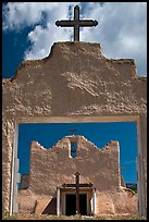 San Lorenzo Church seen through adobe walls, Picuris Pueblo. New Mexico, USA