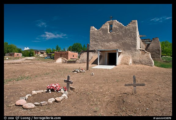 Graves and Picuris Church, Picuris Pueblo. New Mexico, USA (color)