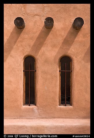 Vigas and deep windows in pueblo style, Sanctuario de Chimayo. New Mexico, USA (color)