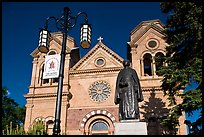 Front of St Francis Cathedral and Archibishop Lamy statue. Santa Fe, New Mexico, USA