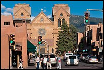 Pedestrians and street with cathedral, downtown. Santa Fe, New Mexico, USA (color)