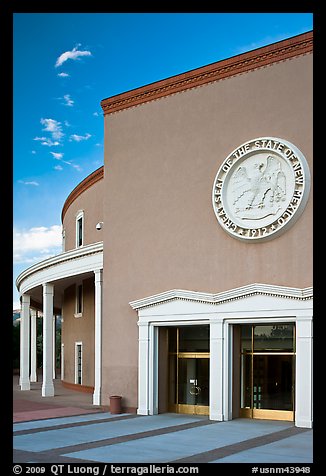 New Mexico Capitol with stone carving of the State Seal of New Mexico above entrance. Santa Fe, New Mexico, USA (color)